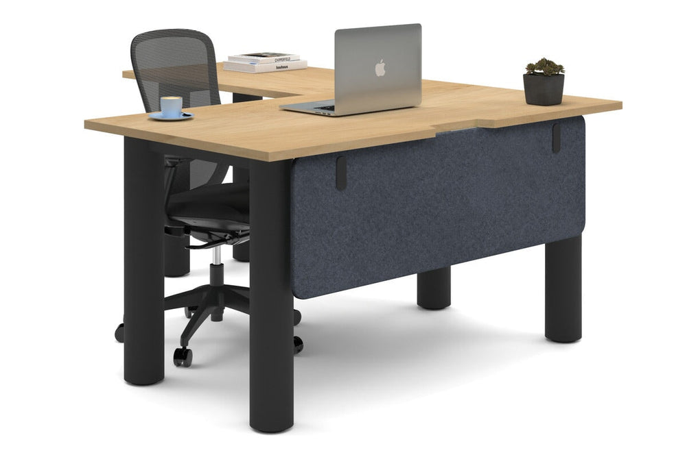 Quadro Cylinder Leg - L Shaped Corner Office Desk  [1400L x 1800W with Cable Scallop]-black leg maple dark grey acoustic modesty panel (350H x 1200W)