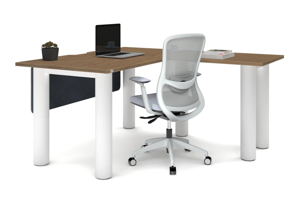 Quadro Cylinder Leg - L Shaped Corner Office Desk  [1400L x 1800W with Cable Scallop]-black leg dark oak metal modesty panel