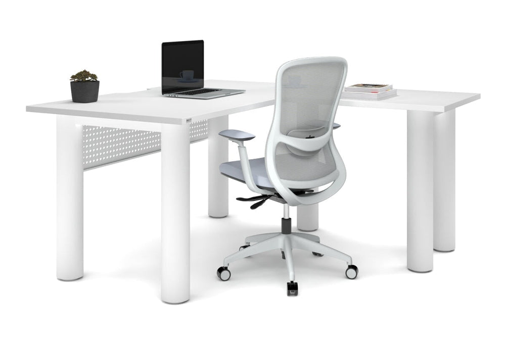 Quadro Cylinder Leg - L Shaped Corner Office Desk  [1400L x 1800W with Cable Scallop]-black leg dark oak metal modesty panel