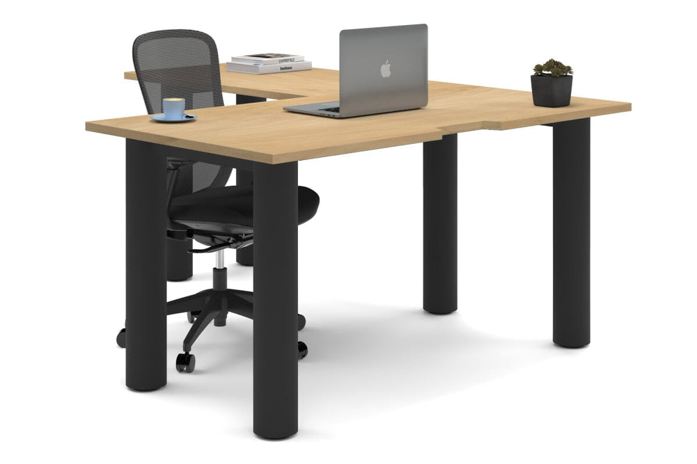 Quadro Cylinder Leg - L Shaped Corner Office Desk  [1400L x 1800W with Cable Scallop]-black leg maple none