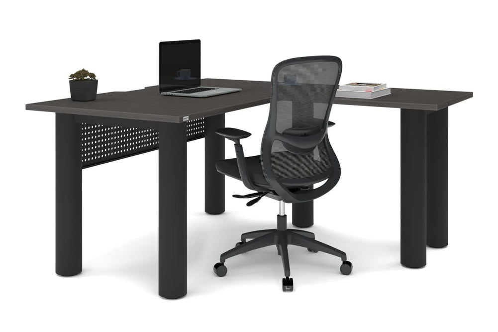 Quadro Cylinder Leg - L Shaped Corner Office Desk  [1400L x 1800W with Cable Scallop]-black leg dark oak metal modesty panel