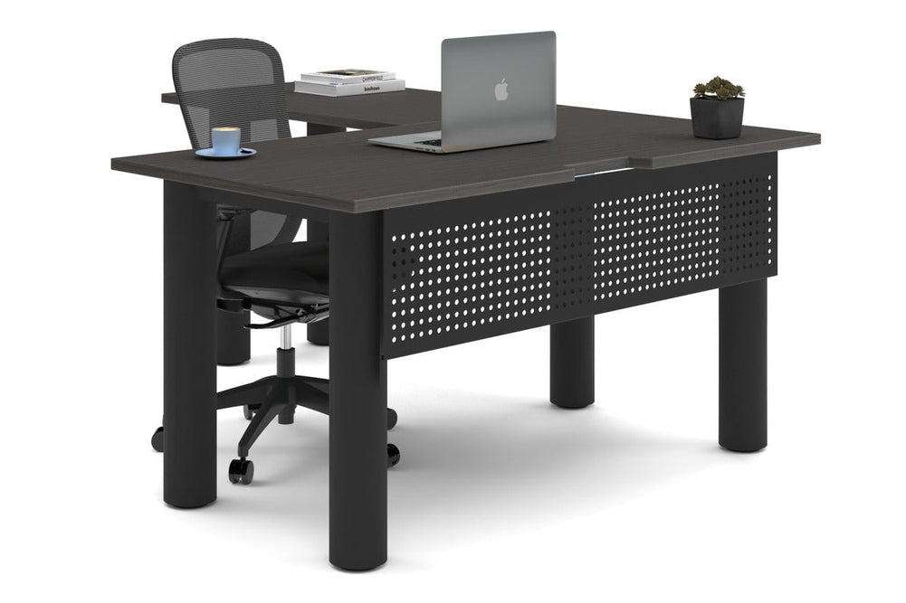 Quadro Cylinder Leg - L Shaped Corner Office Desk  [1400L x 1800W with Cable Scallop]-black leg dark oak metal modesty panel