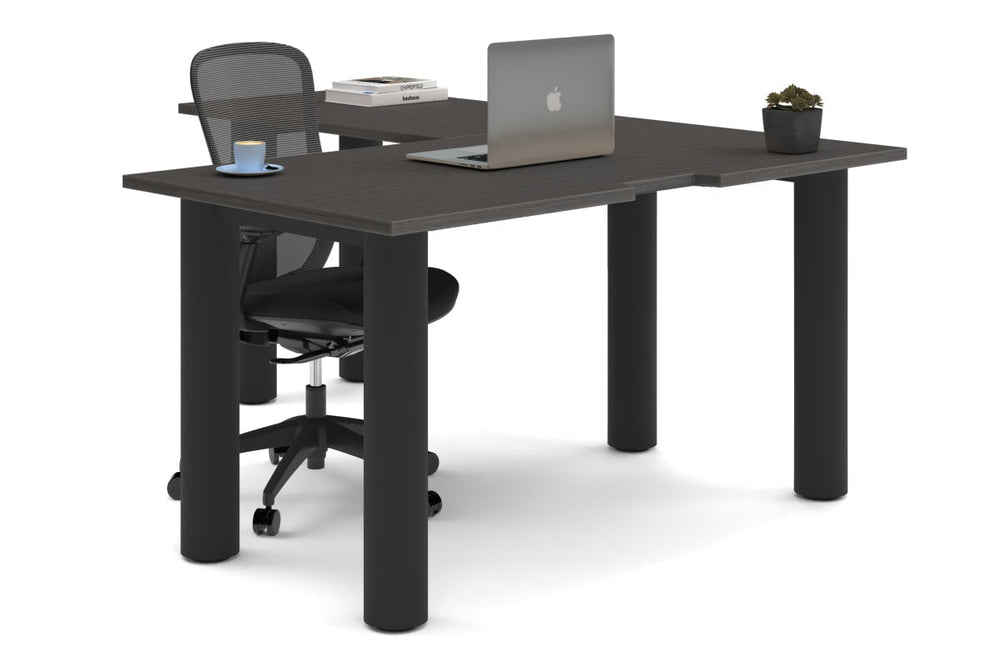 Quadro Cylinder Leg - L Shaped Corner Office Desk  [1400L x 1800W with Cable Scallop]-black leg dark oak none