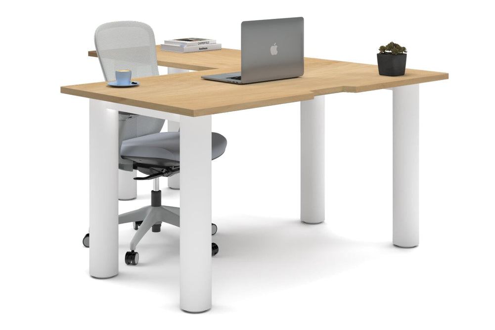 Quadro Cylinder Leg - L Shaped Corner Office Desk  [1400L x 1800W with Cable Scallop]-white leg maple none