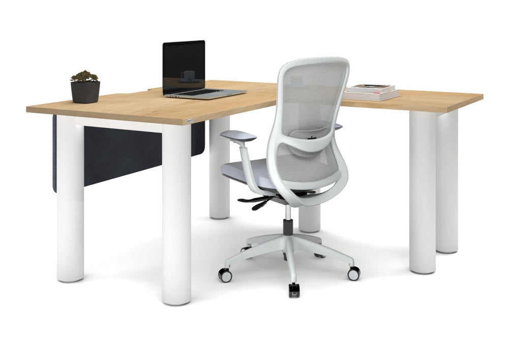 Quadro Cylinder Leg - L Shaped Corner Office Desk  [1400L x 1800W with Cable Scallop]-black leg dark oak metal modesty panel