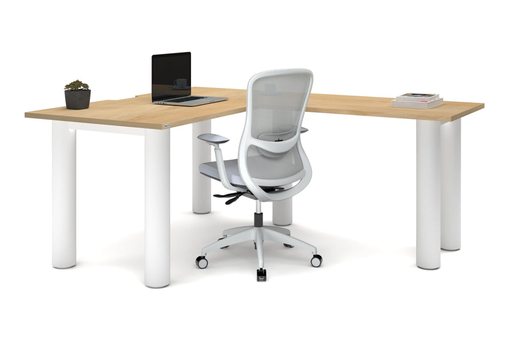 Quadro Cylinder Leg - L Shaped Corner Office Desk  [1400L x 1800W with Cable Scallop]-black leg dark oak metal modesty panel