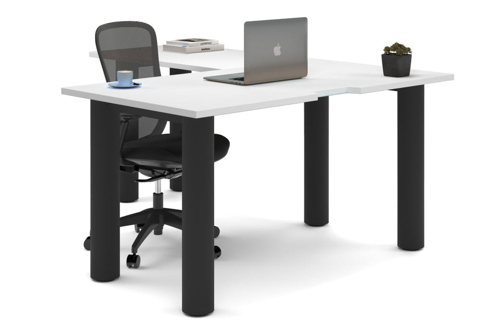 Quadro Cylinder Leg - L Shaped Corner Office Desk  [1400L x 1800W with Cable Scallop]-black leg white none