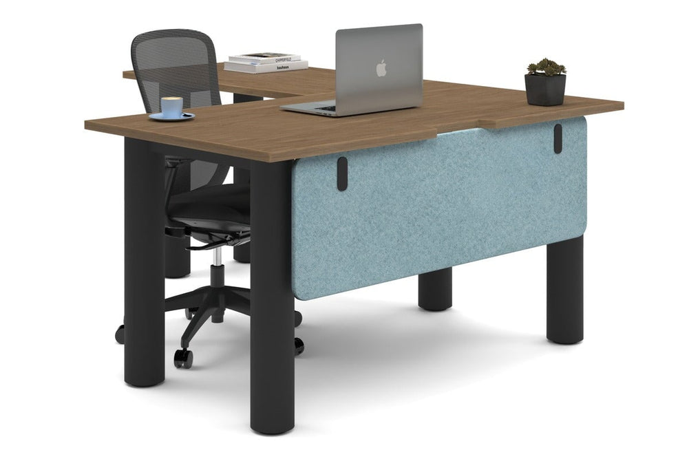 Quadro Cylinder Leg - L Shaped Corner Office Desk  [1400L x 1800W with Cable Scallop]-black leg salvage oak blue acoustic modesty panel (350H x 1200W)