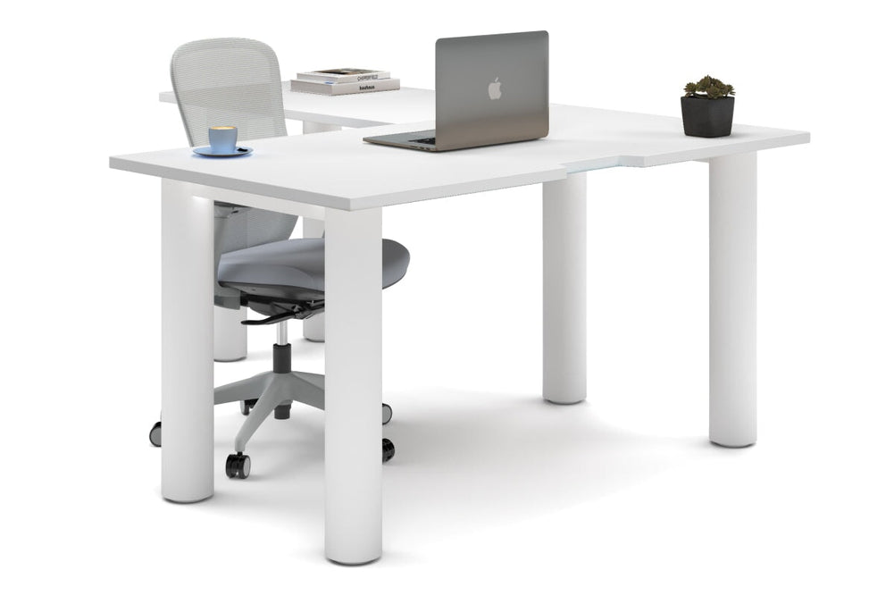Quadro Cylinder Leg - L Shaped Corner Office Desk  [1400L x 1800W with Cable Scallop]-white leg white none