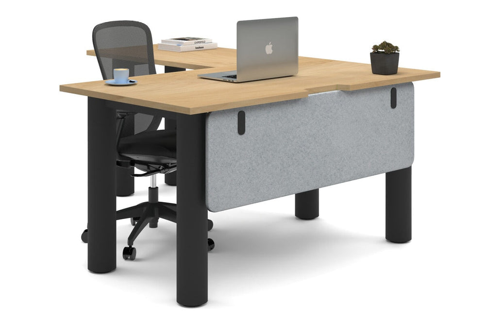 Quadro Cylinder Leg - L Shaped Corner Office Desk  [1400L x 1800W with Cable Scallop]-black leg maple light grey acoustic modesty panel (350H x 1200W)
