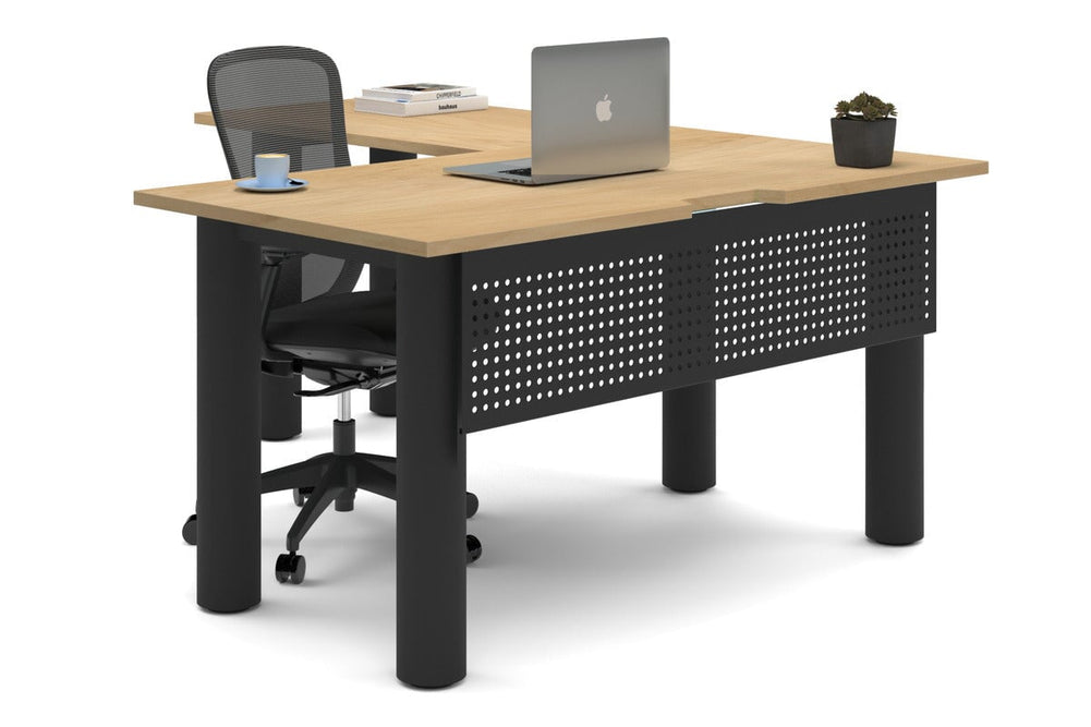 Quadro Cylinder Leg - L Shaped Corner Office Desk  [1400L x 1800W with Cable Scallop]-black leg maple metal modesty panel
