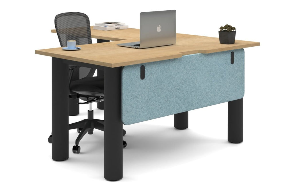 Quadro Cylinder Leg - L Shaped Corner Office Desk  [1400L x 1800W with Cable Scallop]-black leg maple blue acoustic modesty panel (350H x 1200W)