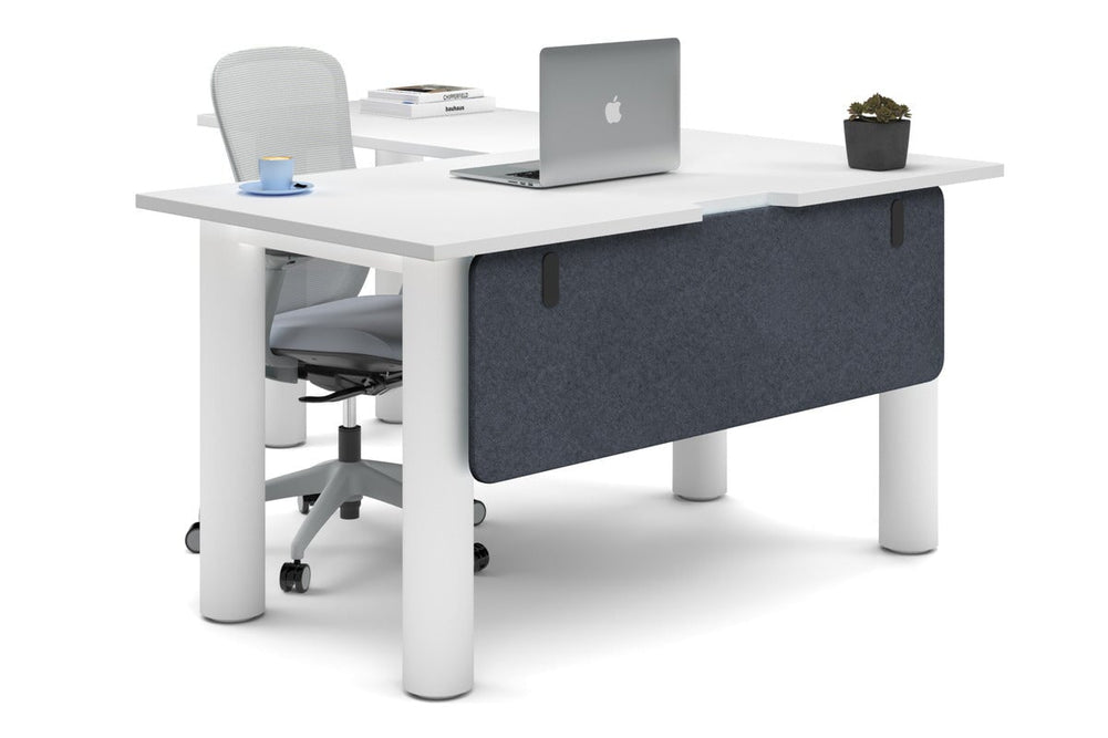 Quadro Cylinder Leg - L Shaped Corner Office Desk  [1400L x 1800W with Cable Scallop]-white leg white dark grey acoustic modesty panel (350H x 1200W)