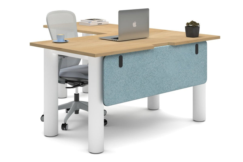 Quadro Cylinder Leg - L Shaped Corner Office Desk  [1400L x 1800W with Cable Scallop]-white leg maple blue acoustic modesty panel (350H x 1200W)