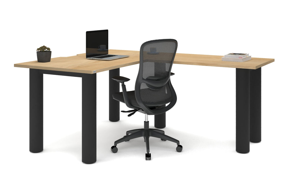 Quadro Cylinder Leg - L Shaped Corner Office Desk  [1400L x 1800W with Cable Scallop]-black leg dark oak metal modesty panel