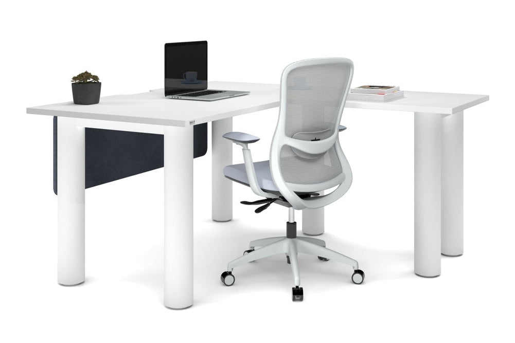 Quadro Cylinder Leg - L Shaped Corner Office Desk  [1400L x 1800W with Cable Scallop]-black leg dark oak metal modesty panel