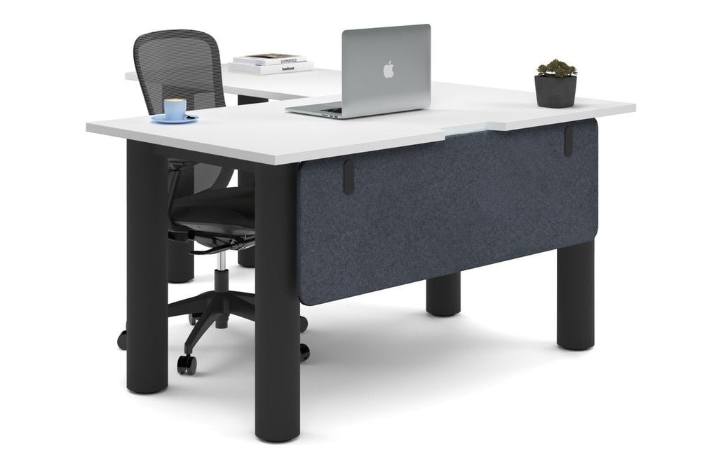 Quadro Cylinder Leg - L Shaped Corner Office Desk  [1400L x 1800W with Cable Scallop]-black leg white dark grey acoustic modesty panel (350H x 1200W)
