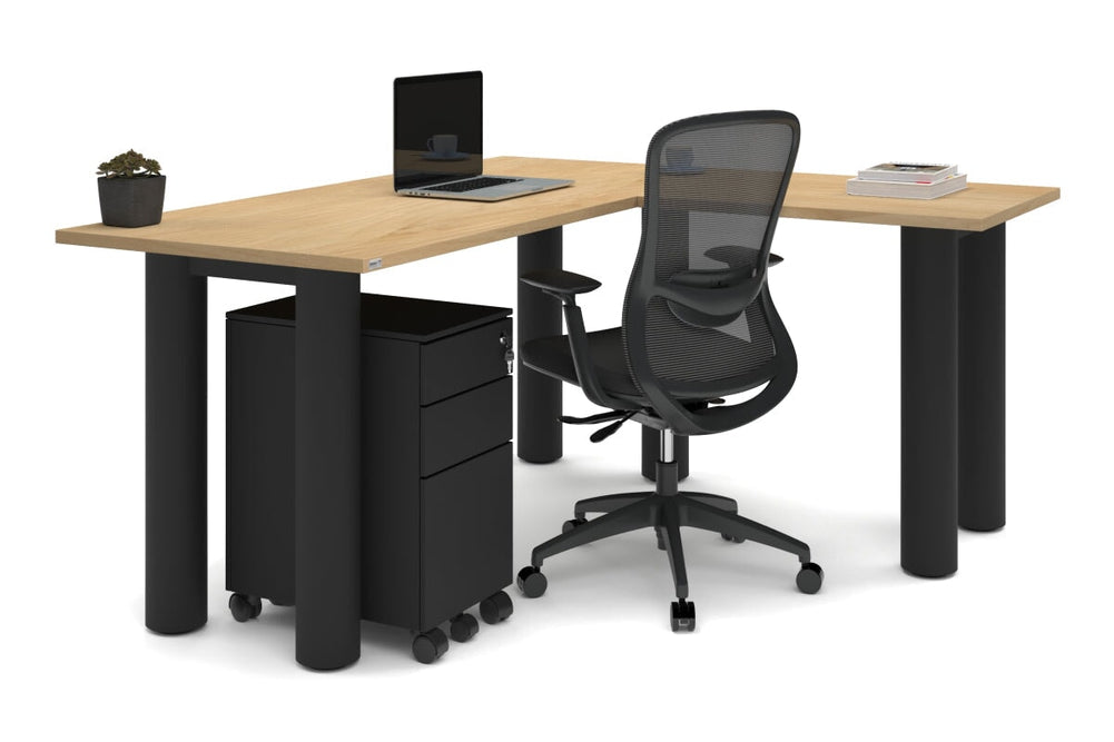 Quadro Cylinder Leg - L Shaped Corner Office Desk  [1600L x 1450W]-black leg dark oak metal modesty panel