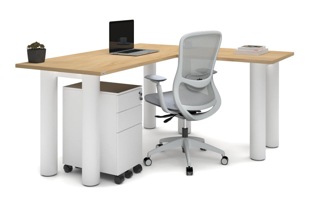 Quadro Cylinder Leg - L Shaped Corner Office Desk  [1600L x 1450W]-black leg dark oak metal modesty panel