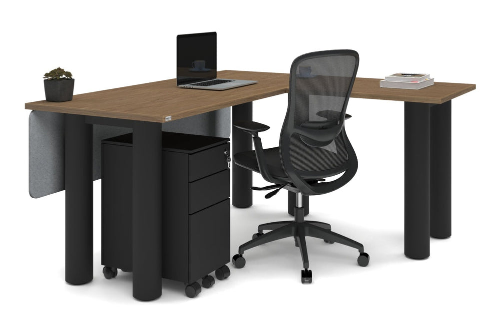 Quadro Cylinder Leg - L Shaped Corner Office Desk  [1600L x 1450W]-black leg dark oak metal modesty panel