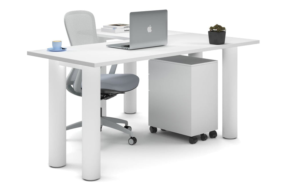 Quadro Cylinder Leg - L Shaped Corner Office Desk  [1600L x 1450W]-white leg white none