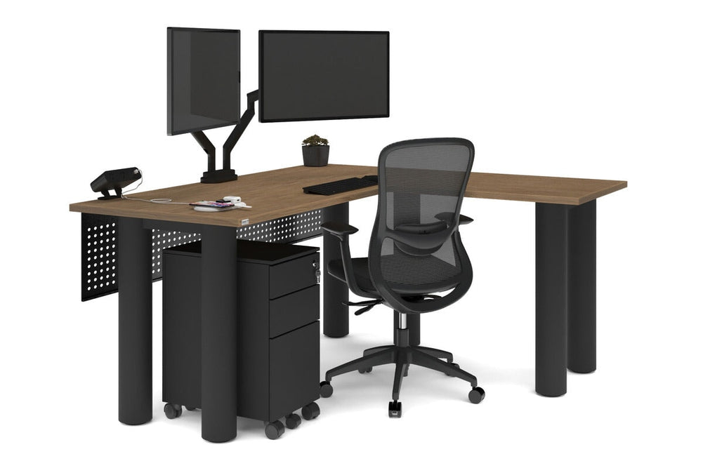 Quadro Cylinder Leg - L Shaped Corner Office Desk  [1600L x 1450W]-black leg dark oak metal modesty panel