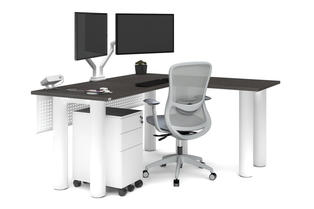 Quadro Cylinder Leg - L Shaped Corner Office Desk  [1600L x 1450W]-black leg dark oak metal modesty panel