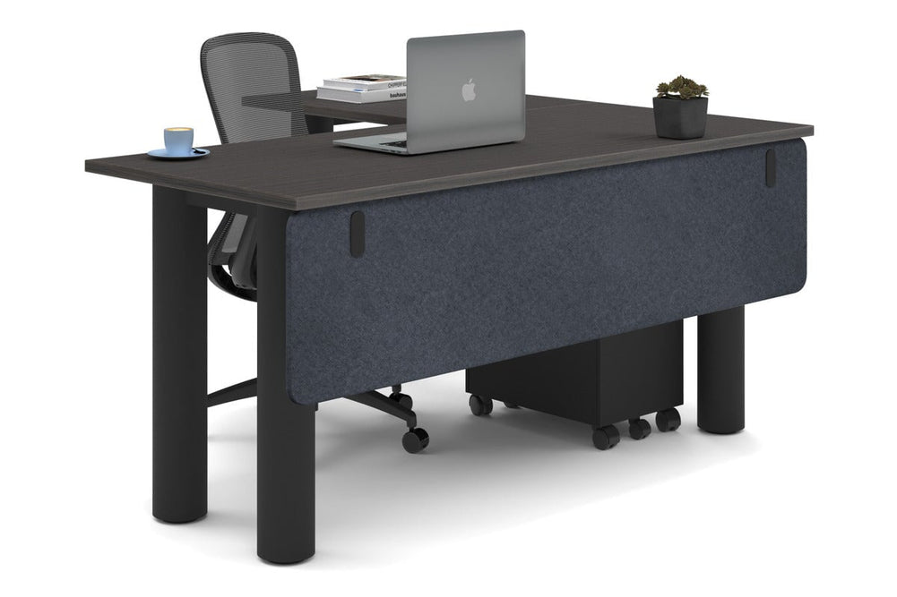 Quadro Cylinder Leg - L Shaped Corner Office Desk  [1600L x 1450W]-black leg dark oak dark grey acoustic modesty panel (350H x 1600W)