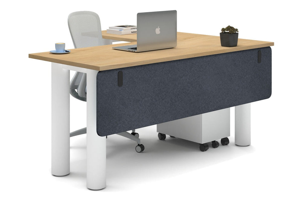 Quadro Cylinder Leg - L Shaped Corner Office Desk  [1600L x 1450W]-white leg maple dark grey acoustic modesty panel (350H x 1600W)
