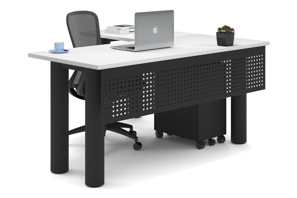 Quadro Cylinder Leg - L Shaped Corner Office Desk  [1600L x 1450W]-black leg white metal modesty panel