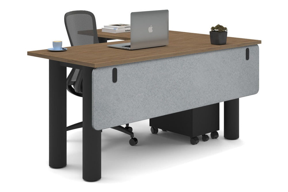 Quadro Cylinder Leg - L Shaped Corner Office Desk  [1600L x 1450W]-black leg salvage oak light grey acoustic modesty panel (350H x 1600W)
