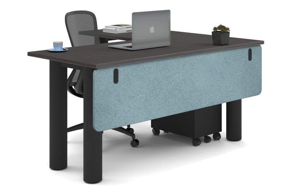Quadro Cylinder Leg - L Shaped Corner Office Desk  [1600L x 1450W]-black leg dark oak blue acoustic modesty panel (350H x 1600W)