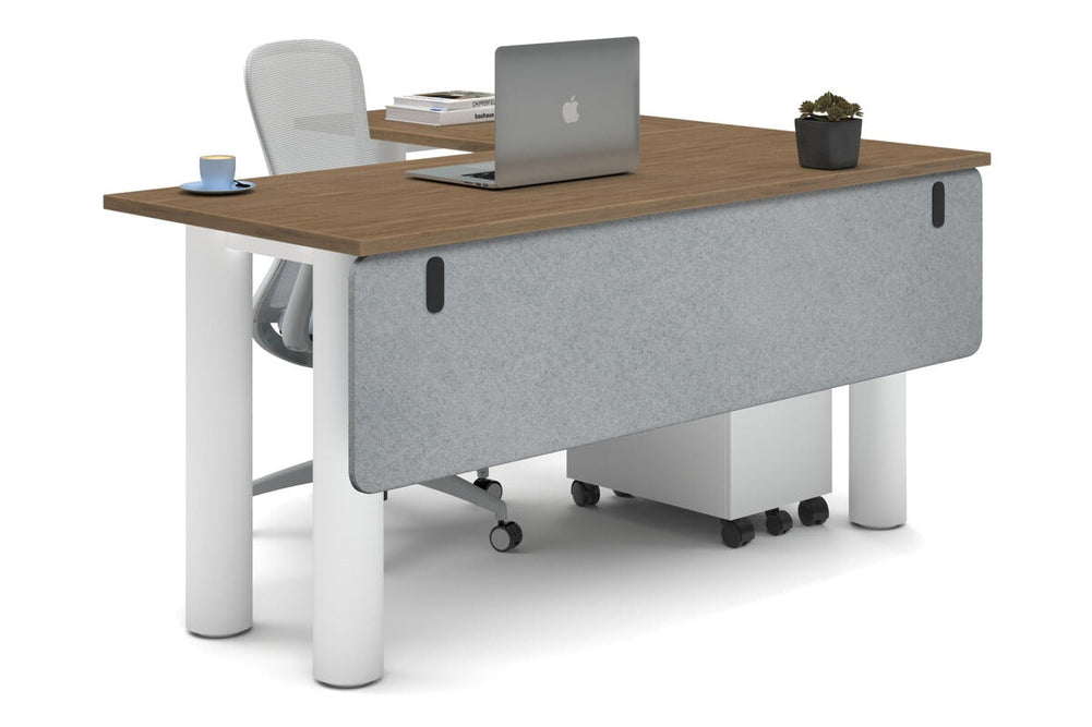 Quadro Cylinder Leg - L Shaped Corner Office Desk  [1600L x 1450W]-white leg salvage oak light grey acoustic modesty panel (350H x 1600W)