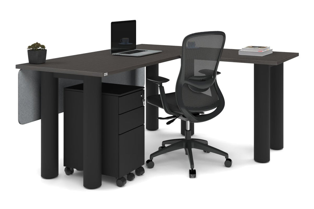 Quadro Cylinder Leg - L Shaped Corner Office Desk  [1600L x 1450W]-black leg dark oak metal modesty panel