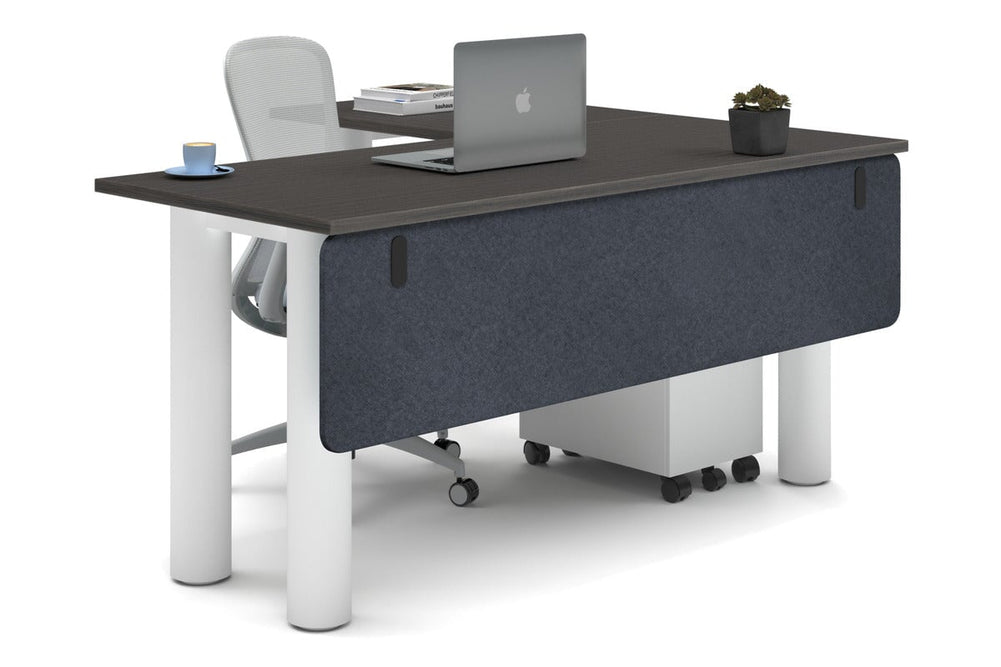 Quadro Cylinder Leg - L Shaped Corner Office Desk  [1600L x 1450W]-white leg dark oak dark grey acoustic modesty panel (350H x 1600W)
