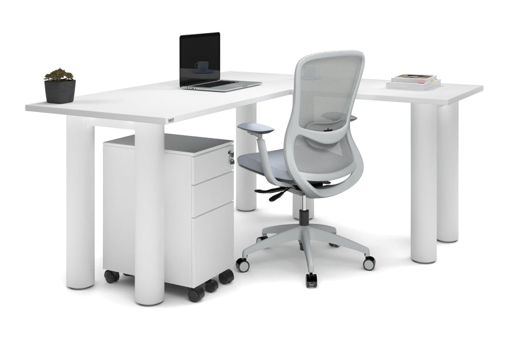 Quadro Cylinder Leg - L Shaped Corner Office Desk  [1600L x 1450W]-black leg dark oak metal modesty panel