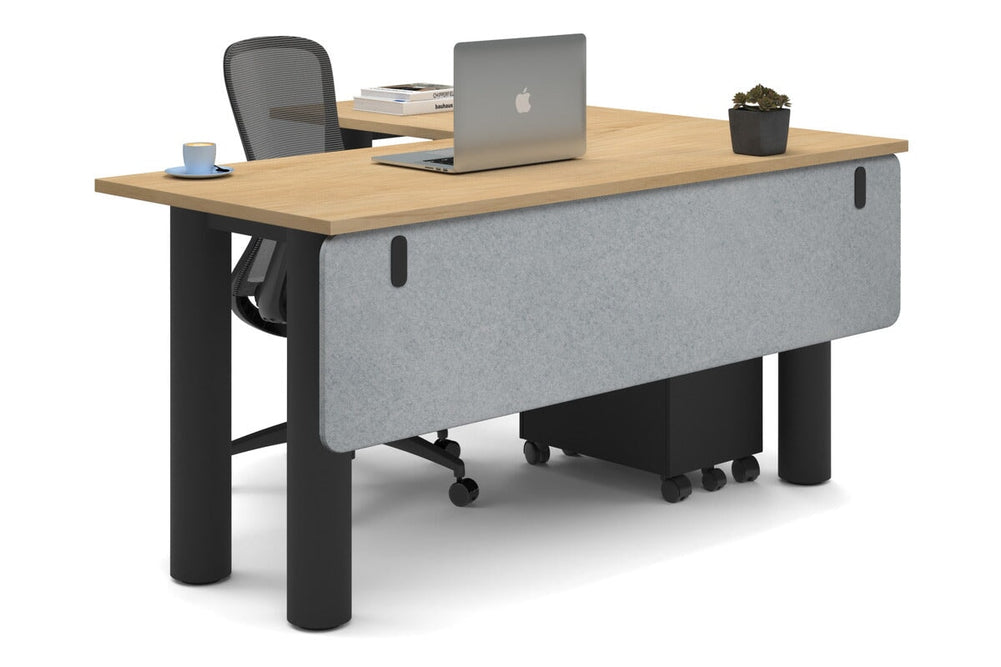 Quadro Cylinder Leg - L Shaped Corner Office Desk  [1600L x 1450W]-black leg maple light grey acoustic modesty panel (350H x 1600W)