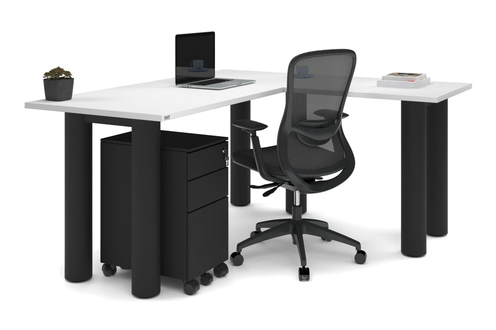 Quadro Cylinder Leg - L Shaped Corner Office Desk  [1600L x 1450W]-black leg dark oak metal modesty panel