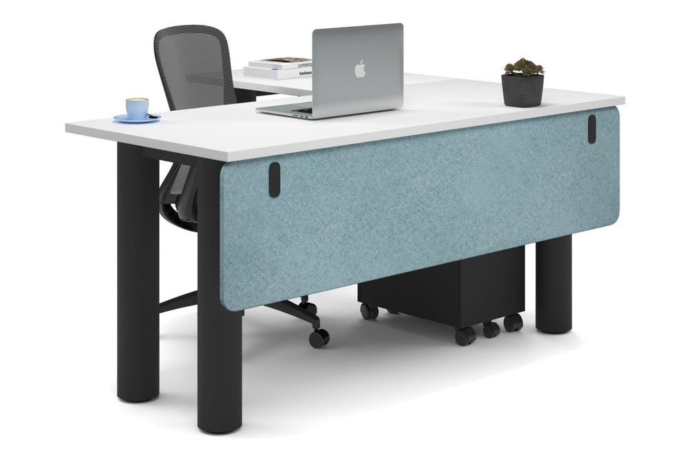 Quadro Cylinder Leg - L Shaped Corner Office Desk  [1600L x 1450W]-black leg white blue acoustic modesty panel (350H x 1600W)