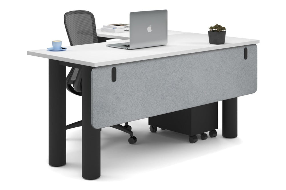Quadro Cylinder Leg - L Shaped Corner Office Desk  [1600L x 1450W]-black leg white light grey acoustic modesty panel (350H x 1600W)