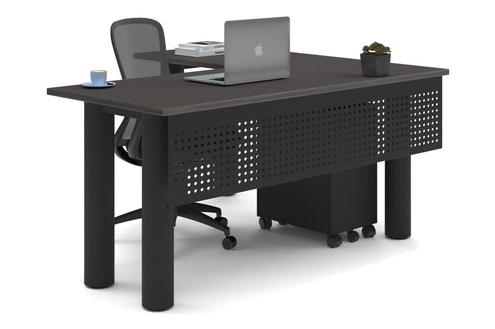 Quadro Cylinder Leg - L Shaped Corner Office Desk  [1600L x 1450W]-black leg dark oak metal modesty panel