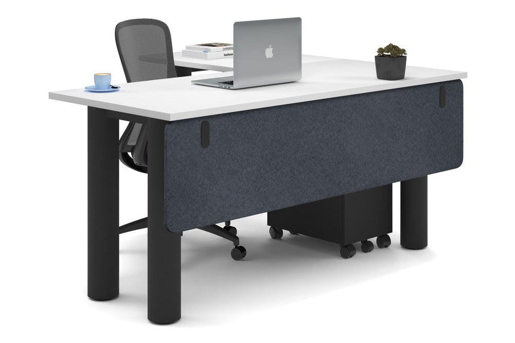 Quadro Cylinder Leg - L Shaped Corner Office Desk  [1600L x 1450W]-black leg white dark grey acoustic modesty panel (350H x 1600W)