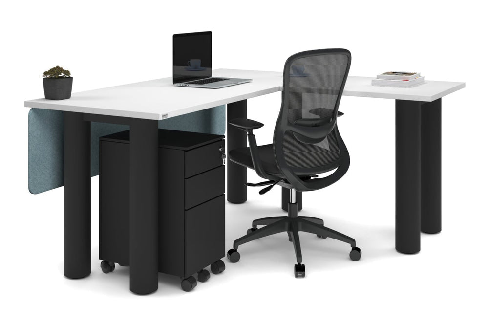 Quadro Cylinder Leg - L Shaped Corner Office Desk  [1600L x 1450W]-black leg dark oak metal modesty panel