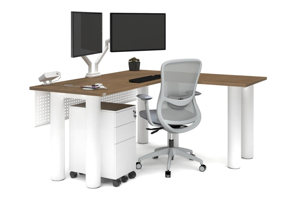 Quadro Cylinder Leg - L Shaped Corner Office Desk  [1600L x 1450W]-black leg dark oak metal modesty panel