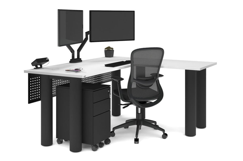 Quadro Cylinder Leg - L Shaped Corner Office Desk  [1600L x 1450W]-black leg dark oak metal modesty panel