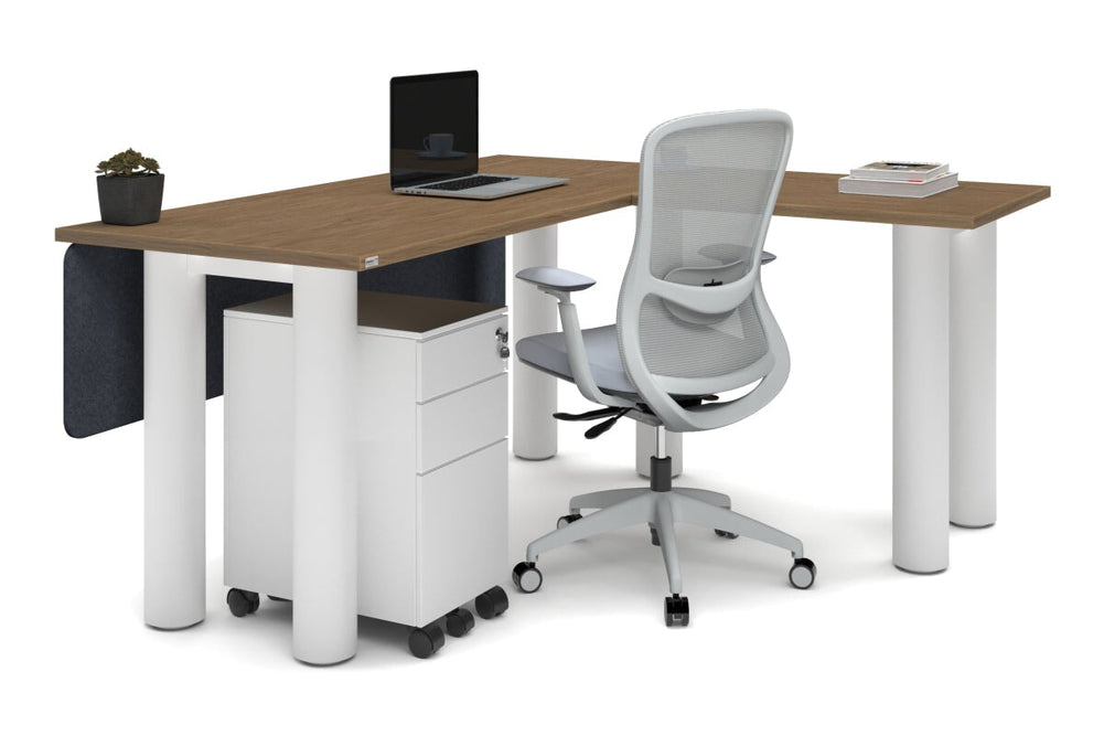Quadro Cylinder Leg - L Shaped Corner Office Desk  [1600L x 1450W]-black leg dark oak metal modesty panel