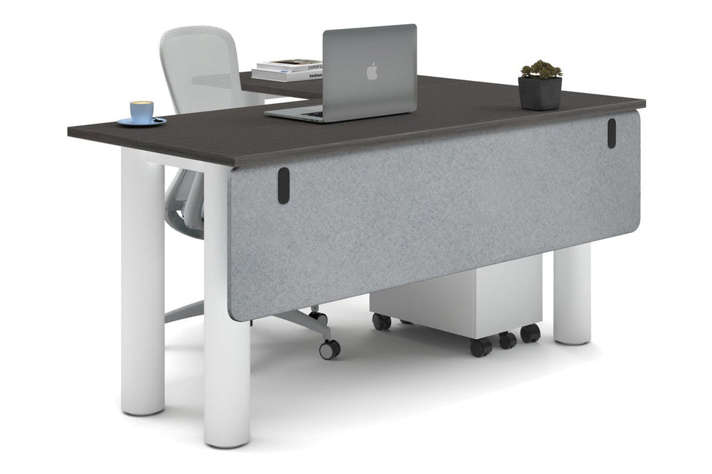 Quadro Cylinder Leg - L Shaped Corner Office Desk  [1600L x 1450W]-white leg dark oak light grey acoustic modesty panel (350H x 1600W)