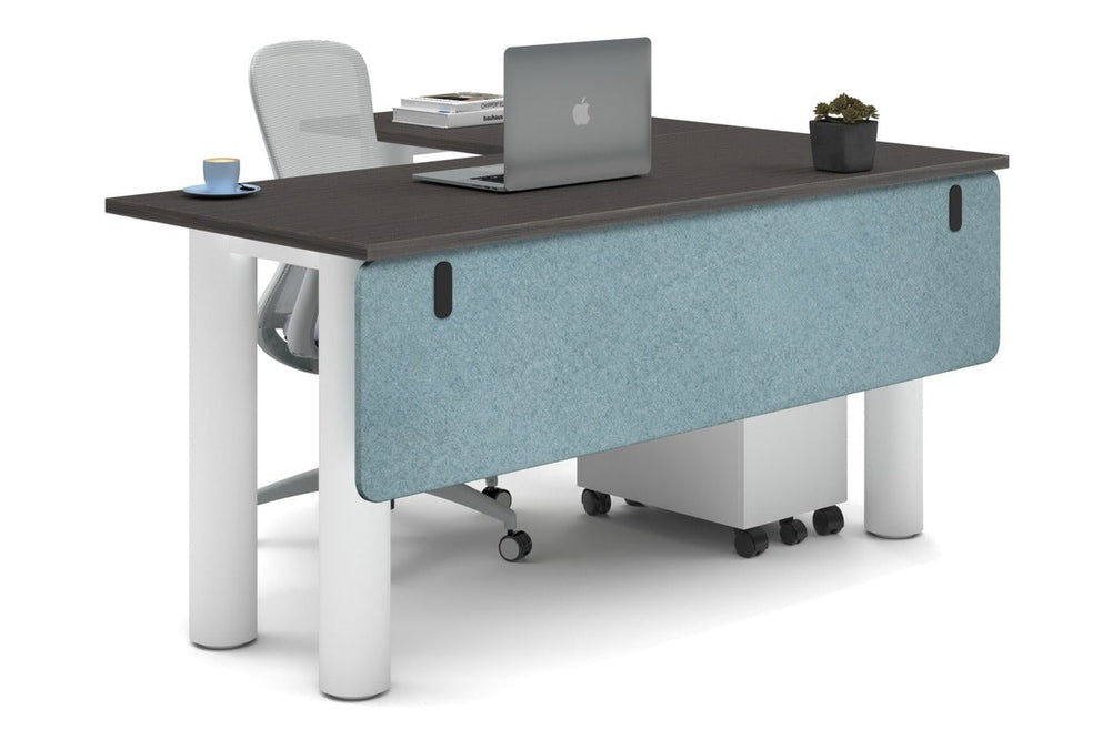 Quadro Cylinder Leg - L Shaped Corner Office Desk  [1600L x 1450W]-white leg dark oak blue acoustic modesty panel (350H x 1600W)