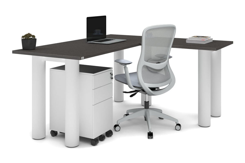 Quadro Cylinder Leg - L Shaped Corner Office Desk  [1600L x 1450W]-black leg dark oak metal modesty panel