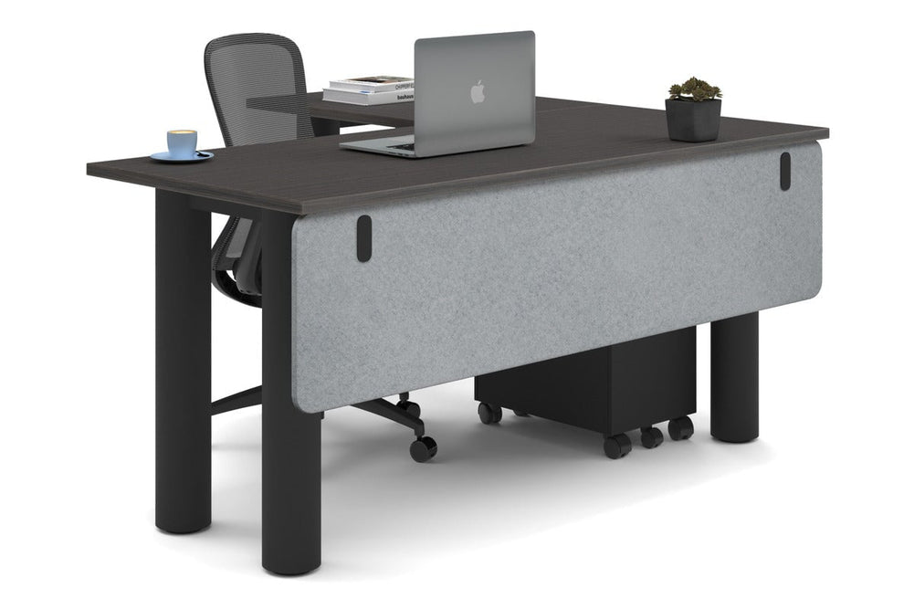 Quadro Cylinder Leg - L Shaped Corner Office Desk  [1600L x 1450W]-black leg dark oak light grey acoustic modesty panel (350H x 1600W)